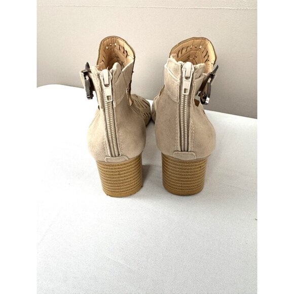 Boho Coastal Block Heel Sandals 42 10 Laser Cut Geo Ankle Cuff Neutral Western - Picture 6 of 15